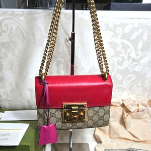 Gucci Authentic Red and Tan Logo Shoulder Crossbody Bag with Gold Chain